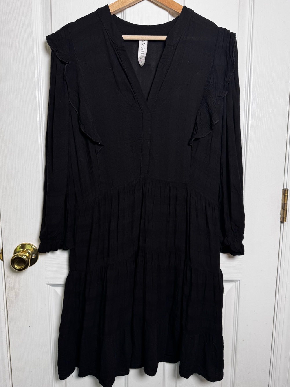 Anthropologie Amadi Black Ruffle Tiered Mini Dress Crinkle Rayon Pockets Boho S